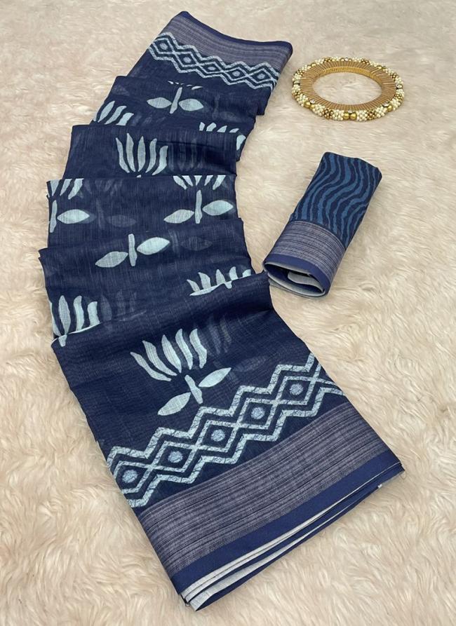 Linen Blue Casual Wear Digital Printed Saree